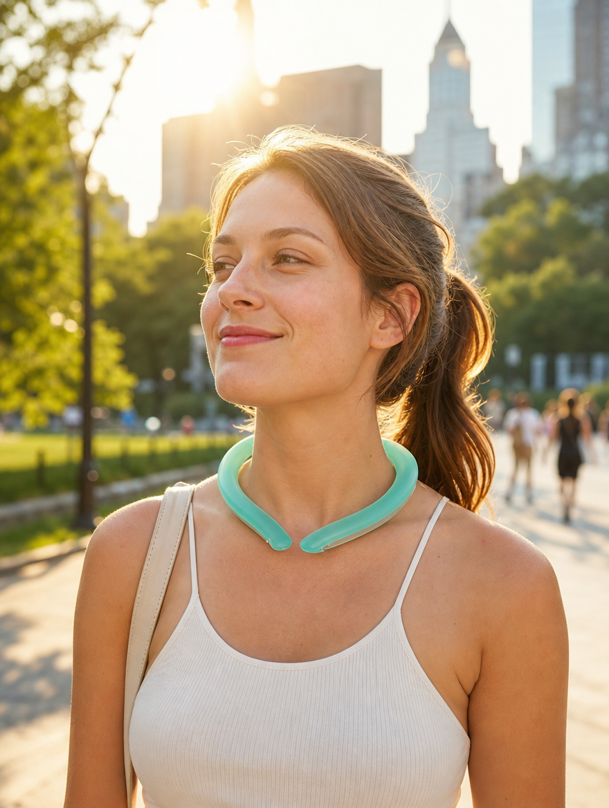 Woman wearing ChillLoop cooling ring outdoors on a hot summer day