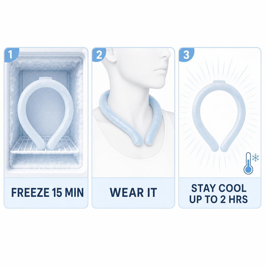 How ChillLoop works: freeze 15 minutes, wear it, stay cool up to 2 hours